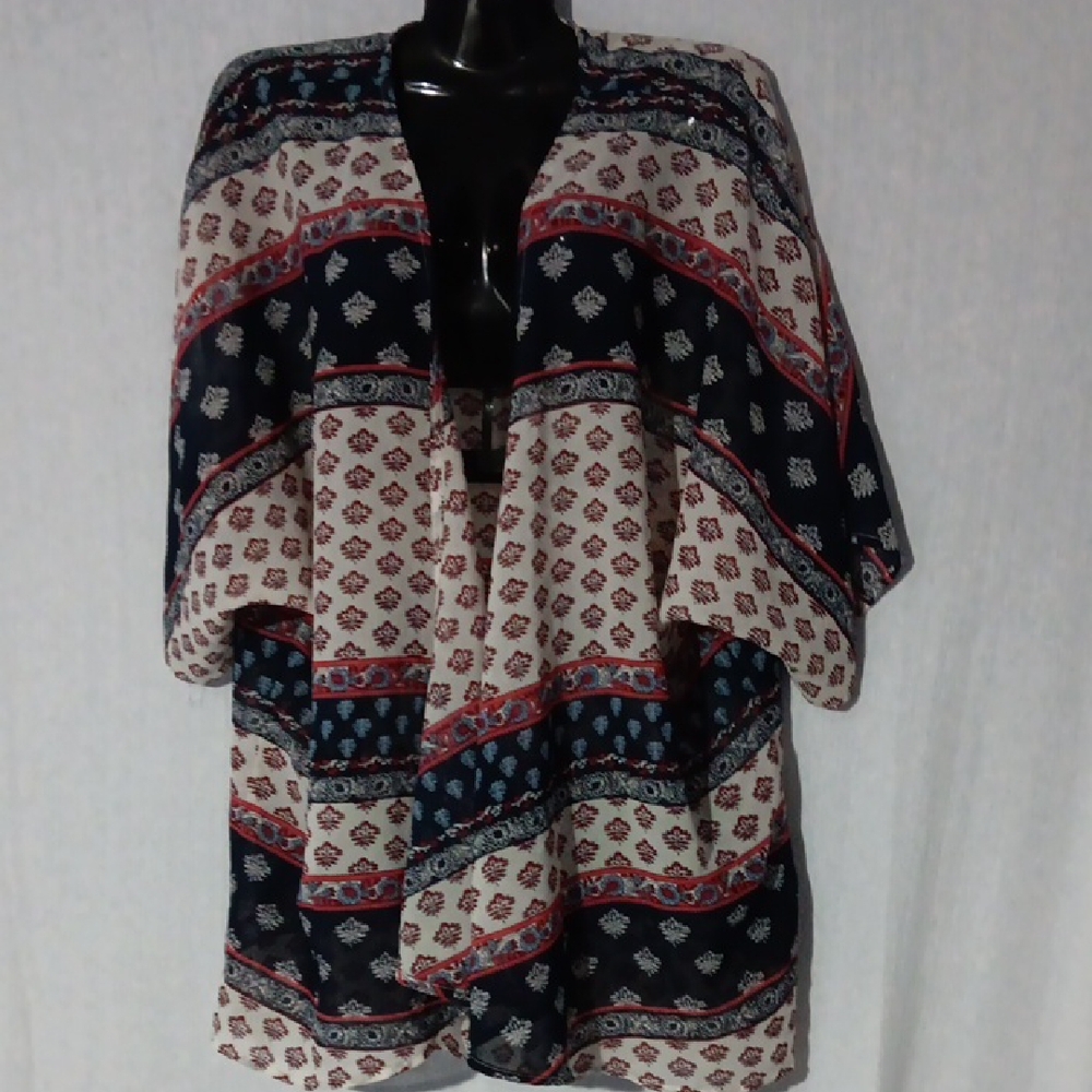 Dizzy Gal Sheer Open Front Kimono Cardigan Red Blue Cream Floral XL